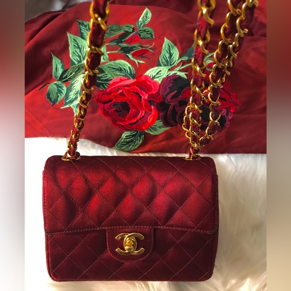 Authentic Chanel Bordeaux Silk Satin Mini Square Bag - Picture 2 of 15